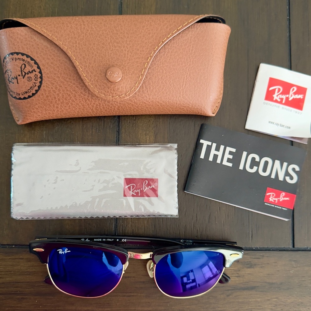 Ray-Ban Men’s Blue Lens Clubmaster Sunglasses with Brown Frame - Picture 2 of 3
